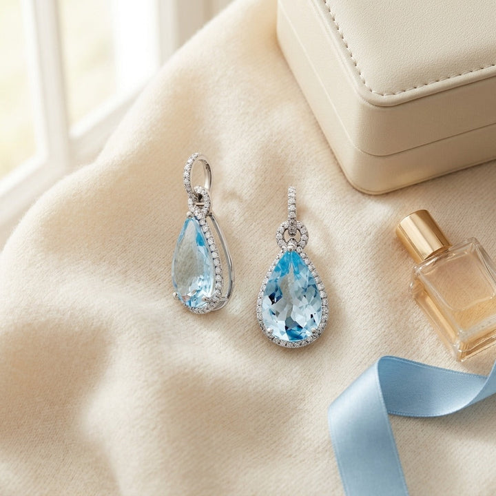 Aqua & Diamond Handmade Teardrop Pendant in Platinum - flat lay