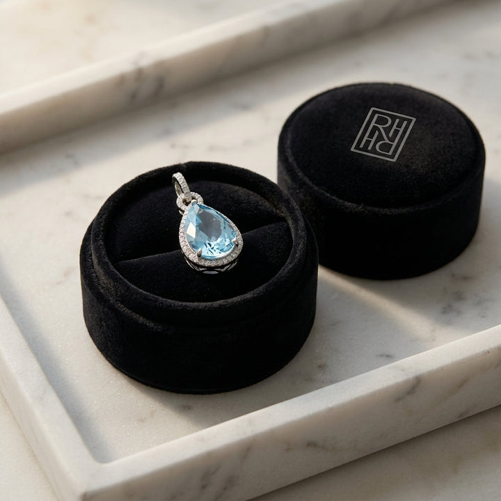 Aqua & Diamond Handmade Teardrop Pendant in Platinum - presentation