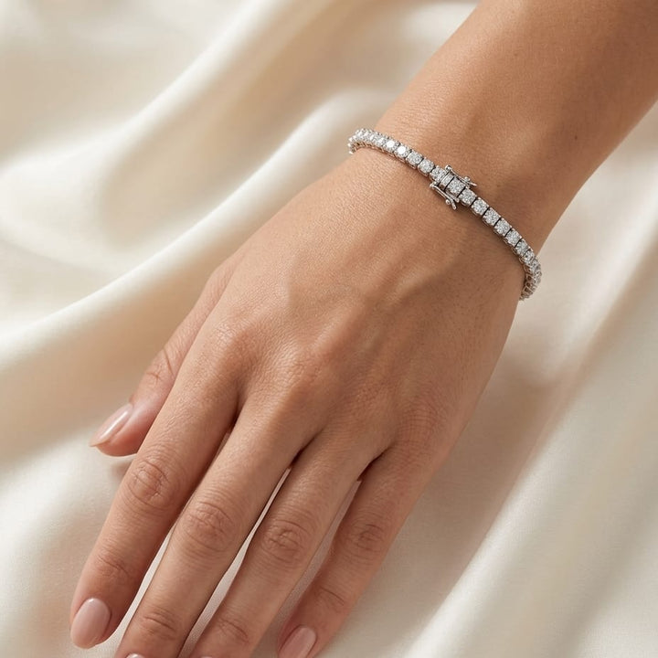 Diamond 4-prong Tennis Bracelet In Platinum (3mm), worn on hand, close-up