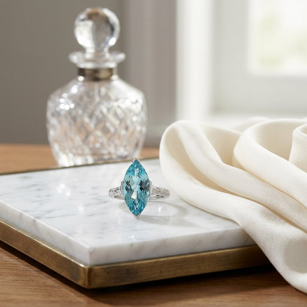 Aquamarine & Diamond Marquise Ring in Platinum - lifestyle