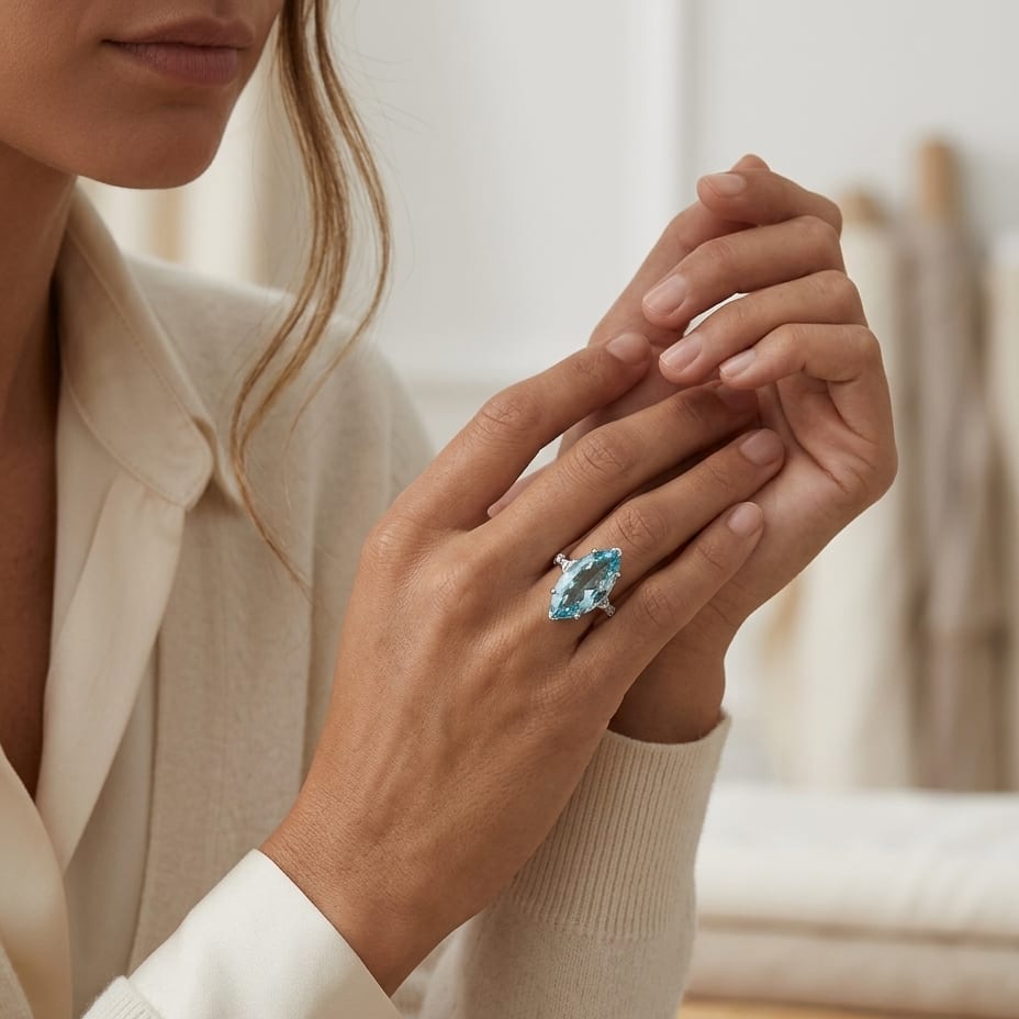 Aquamarine & Diamond Marquise Ring in Platinum - editorial