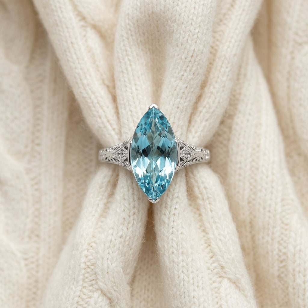 Aquamarine & Diamond Marquise Ring in Platinum - flat lay