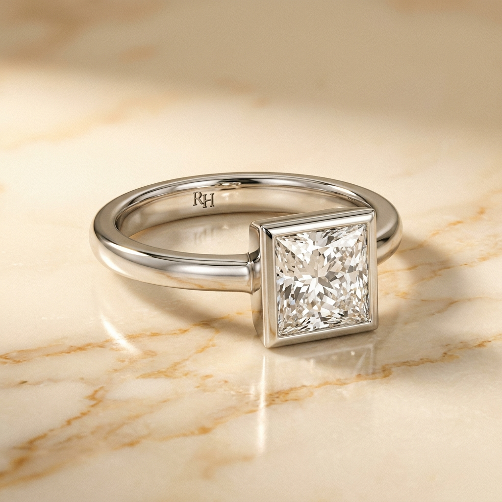 The Agnes Select bezel solitaire princess engagement ring in 18k white gold — alt-angle hero — RockHer