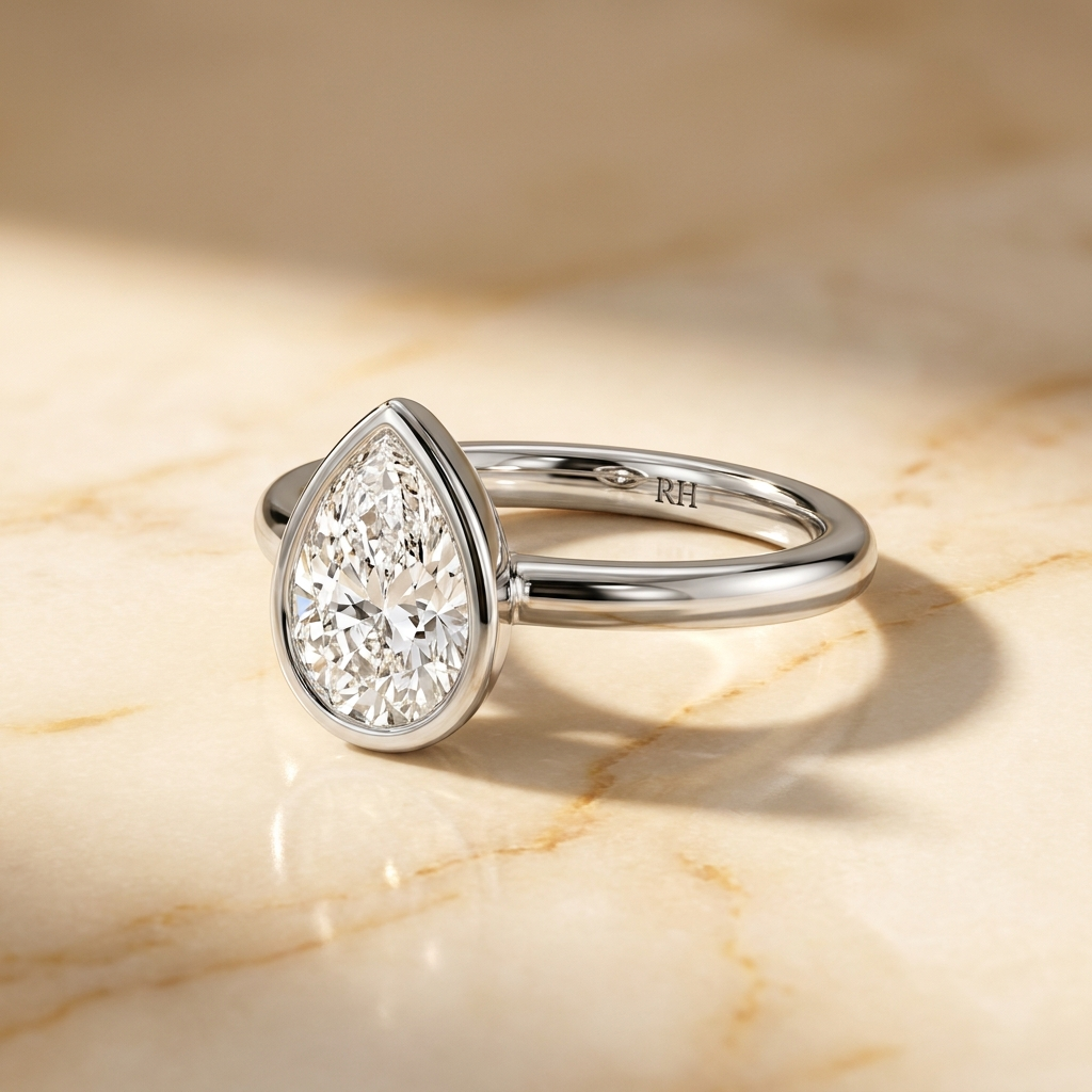 The Agnes Select bezel solitaire pear engagement ring in 18k white gold — alt-angle hero — RockHer