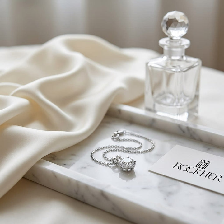 Natural Diamond Round Brilliant Solitaire Pendant in Platinum, 4 ct. t.w., on marble vanity tray with silk