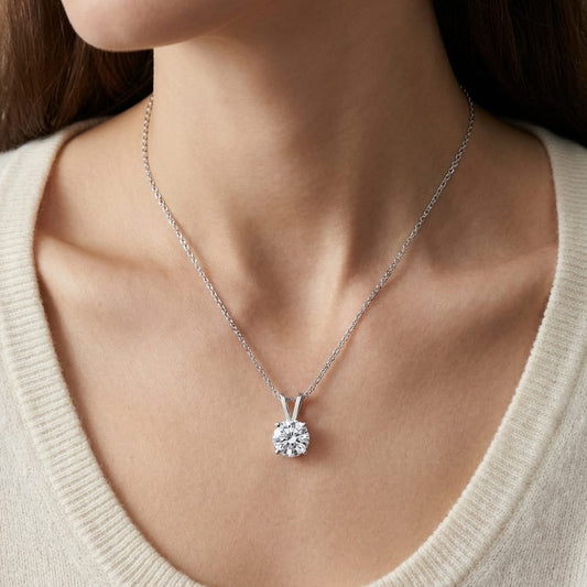 Natural Diamond Round Brilliant Solitaire Pendant in Platinum, 4 ct. t.w., worn close-up portrait
