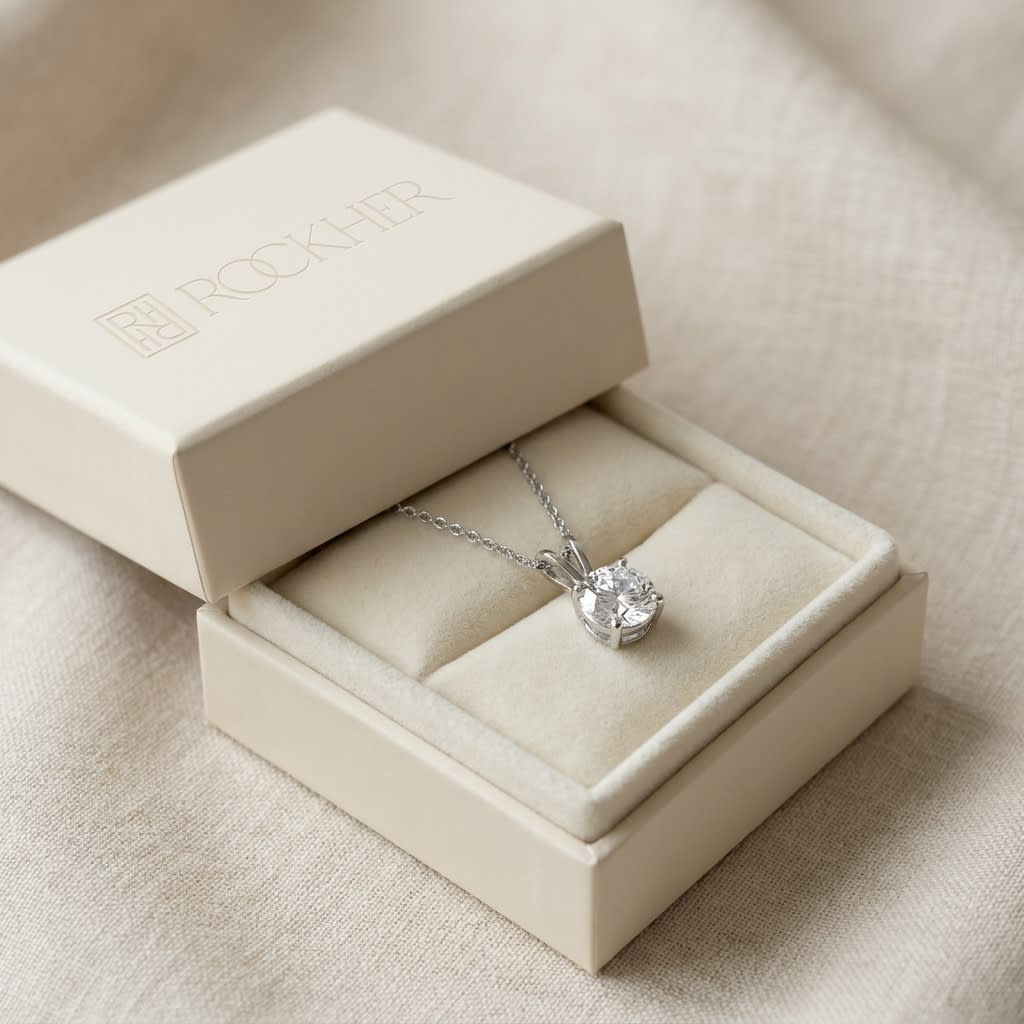 Natural Diamond Round Brilliant Solitaire Pendant in Platinum, 4 ct. t.w., in navy velvet jewelry box