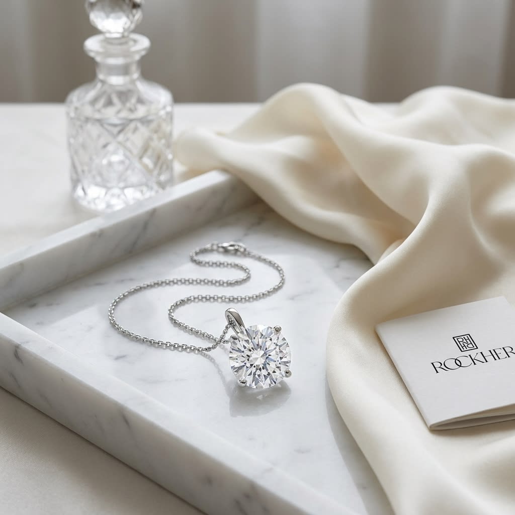 Natural Diamond Round Brilliant Solitaire Pendant in Platinum, 2 ct. t.w., on marble vanity tray with silk