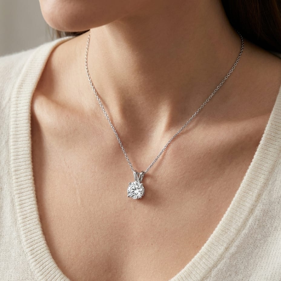 Natural Diamond Round Brilliant Solitaire Pendant in Platinum, 2 ct. t.w., worn close-up portrait