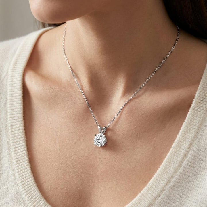 Natural Diamond Round Brilliant Solitaire Pendant in Platinum, 2 ct. t.w., worn close-up portrait