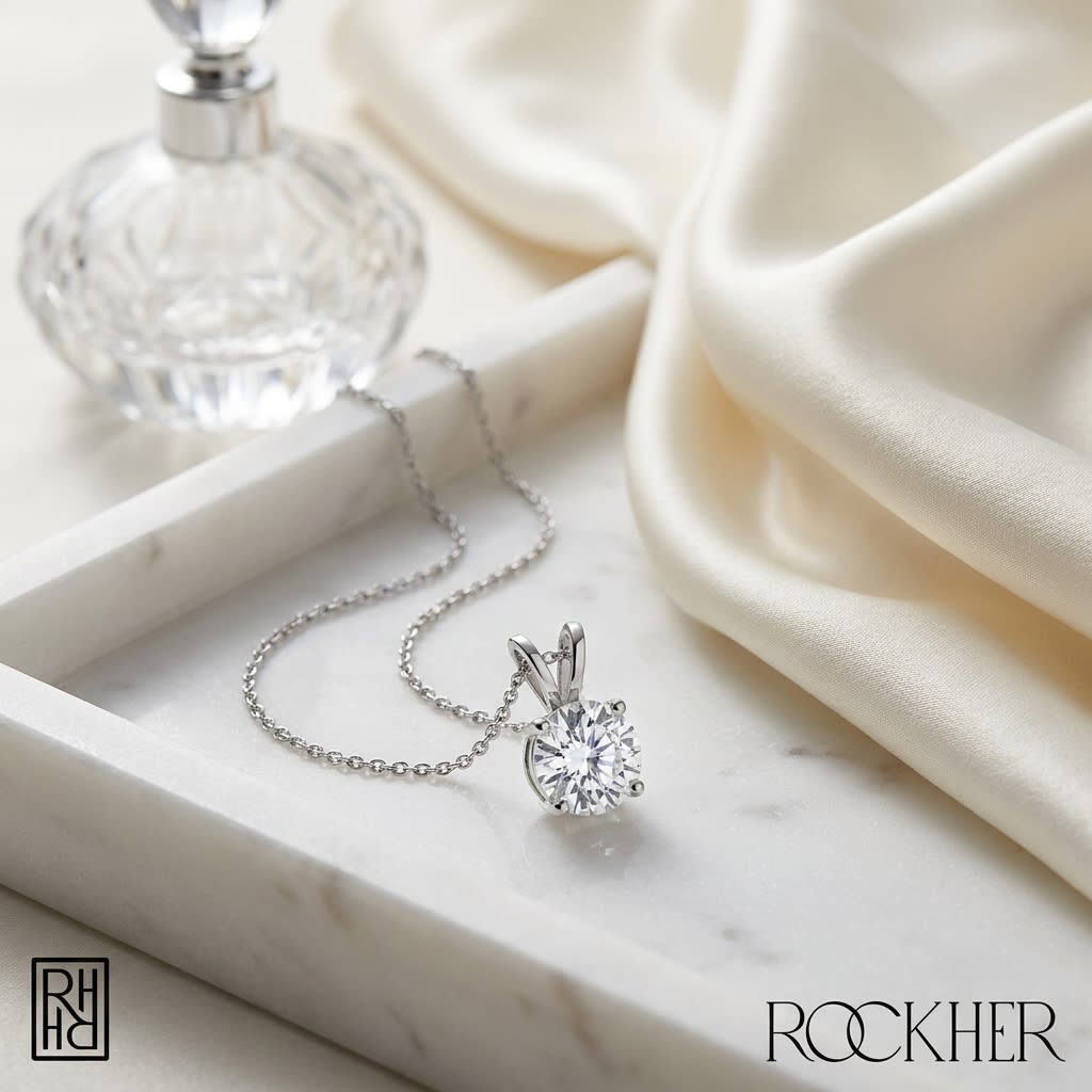 Natural Diamond Round Brilliant Solitaire Pendant in Platinum, 8 ct. t.w., on marble vanity tray with silk