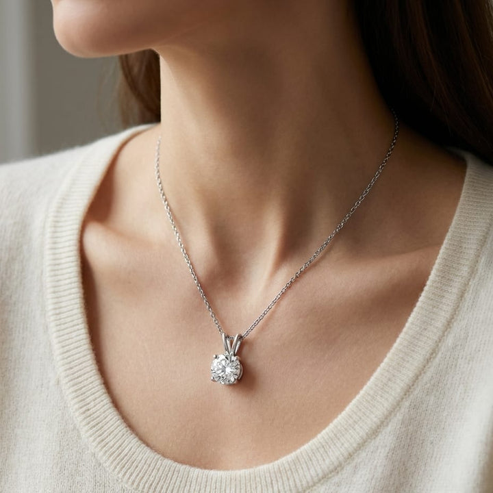 Natural Diamond Round Brilliant Solitaire Pendant in Platinum, 8 ct. t.w., worn close-up portrait