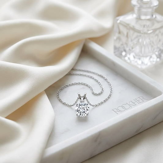 Natural Diamond Round Brilliant Solitaire Pendant in Platinum, 1 ct. t.w., on marble vanity tray with silk