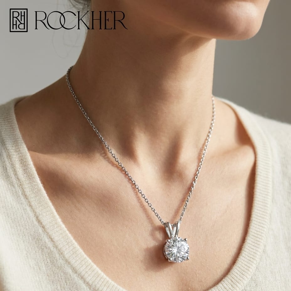 Natural Diamond Round Brilliant Solitaire Pendant in Platinum, 1 ct. t.w., worn close-up portrait