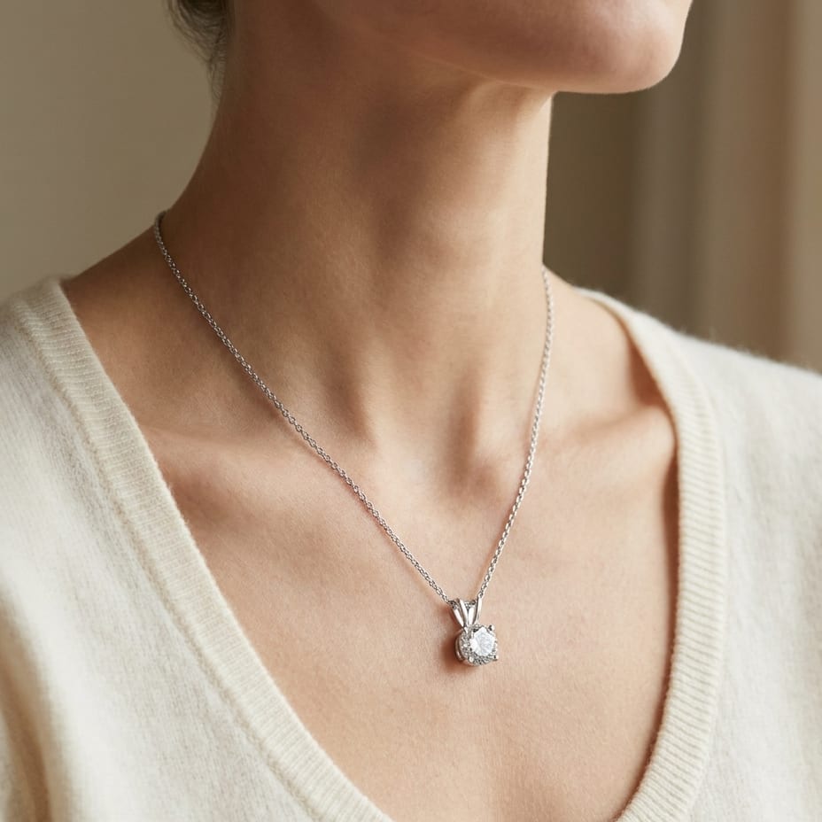 Natural Diamond Round Brilliant Solitaire Pendant in Platinum, 4 ct. t.w., worn close-up portrait