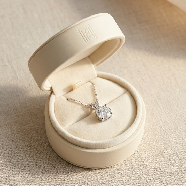 Natural Diamond Round Brilliant Solitaire Pendant in Platinum, 2 ct. t.w., in navy velvet jewelry box