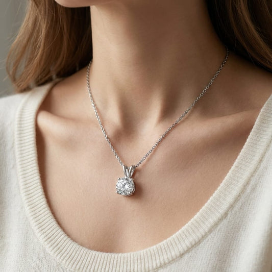 Natural Diamond Round Brilliant Solitaire Pendant in Platinum, 4 ct. t.w., worn close-up portrait