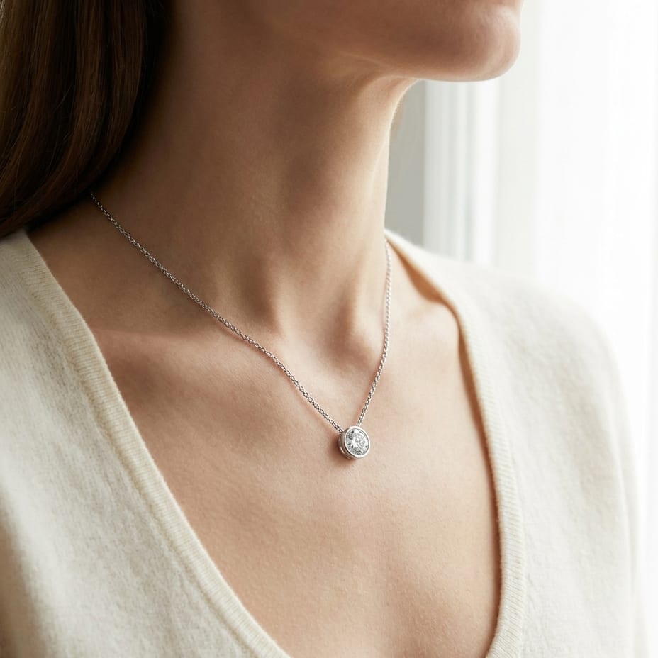 Natural Diamond Round Brilliant Solitaire Pendant in Platinum, 4 ct. t.w., worn close-up portrait