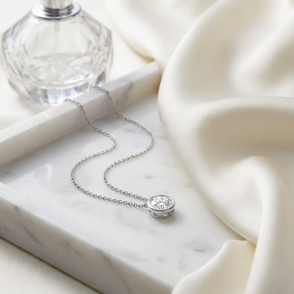 Natural Diamond Round Brilliant Solitaire Pendant in Platinum, 2 ct. t.w., on marble vanity tray with silk