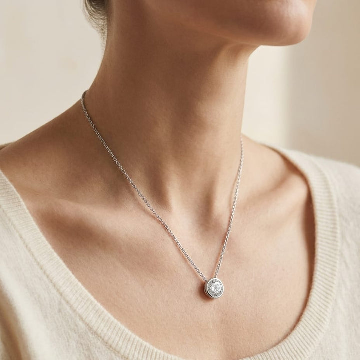 Natural Diamond Round Brilliant Solitaire Pendant in Platinum, 2 ct. t.w., worn close-up portrait