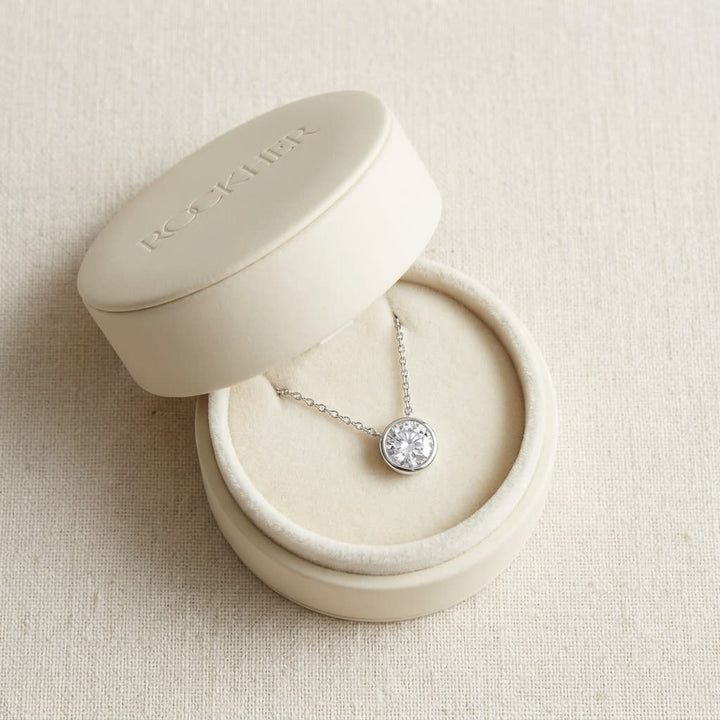 Natural Diamond Round Brilliant Solitaire Pendant in Platinum, 2 ct. t.w., in navy velvet jewelry box