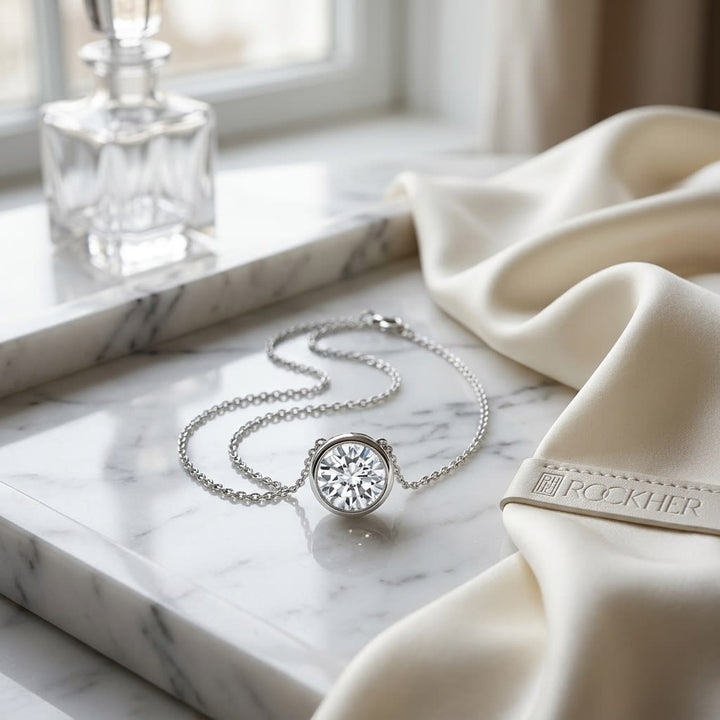 Natural Diamond Round Brilliant Solitaire Pendant in Platinum, 4 ct. t.w., on marble vanity tray with silk