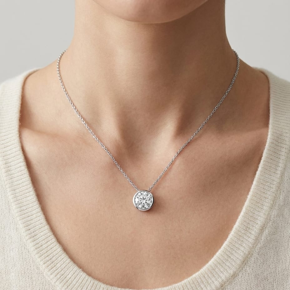 Natural Diamond Round Brilliant Solitaire Pendant in Platinum, 4 ct. t.w., worn close-up portrait