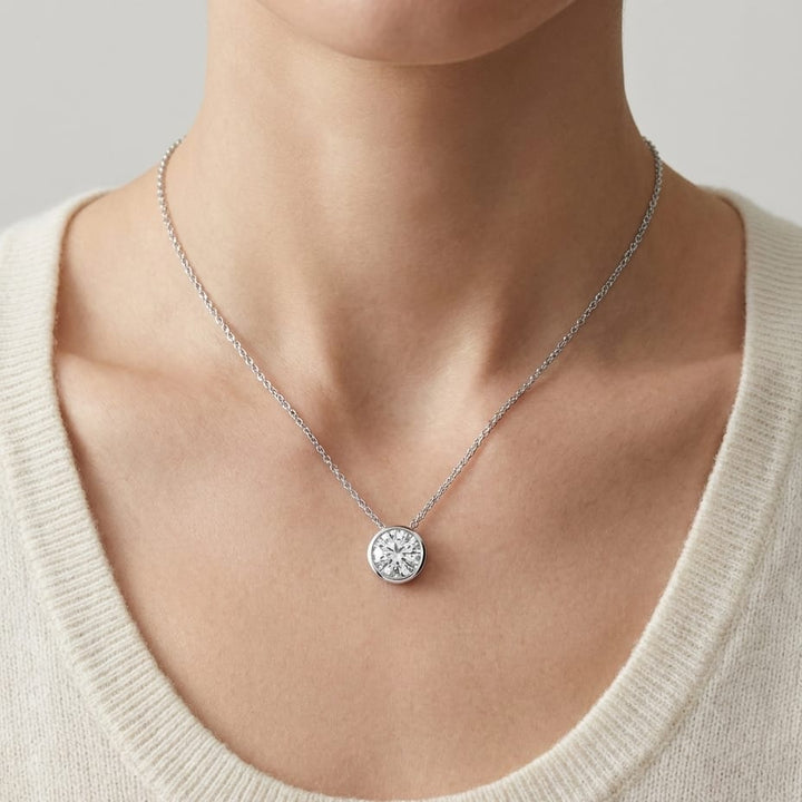 Natural Diamond Round Brilliant Solitaire Pendant in Platinum, 4 ct. t.w., worn close-up portrait
