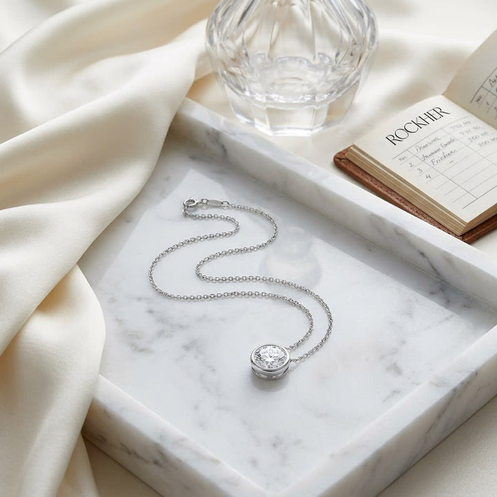 Natural Diamond Round Brilliant Solitaire Pendant in Platinum, 8 ct. t.w., on marble vanity tray with silk