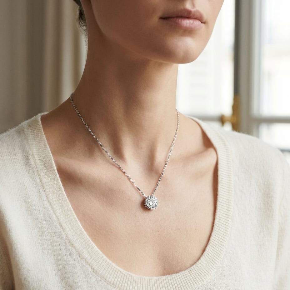 Natural Diamond Round Brilliant Solitaire Pendant in Platinum, 8 ct. t.w., worn close-up portrait