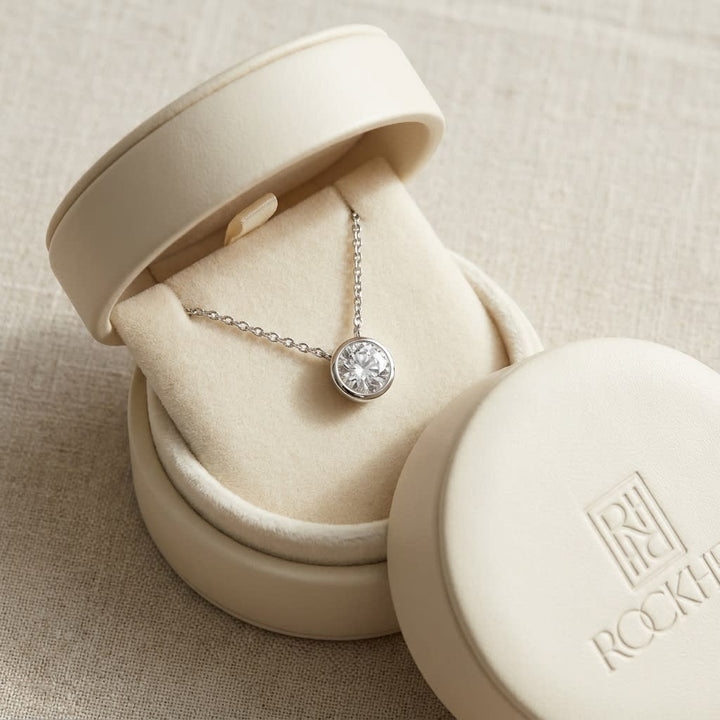 Natural Diamond Round Brilliant Solitaire Pendant in Platinum, 8 ct. t.w., in navy velvet jewelry box