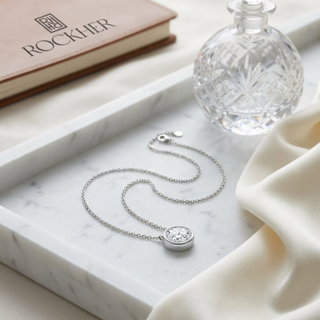 Natural Diamond Round Brilliant Solitaire Pendant in Platinum, 1 ct. t.w., on marble vanity tray with silk