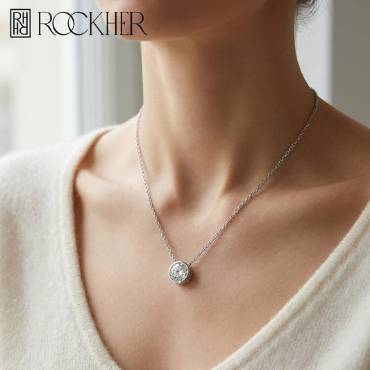 Natural Diamond Round Brilliant Solitaire Pendant in Platinum, 1 ct. t.w., worn close-up portrait