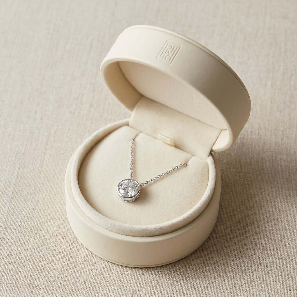 Natural Diamond Round Brilliant Solitaire Pendant in Platinum, 1 ct. t.w., in navy velvet jewelry box