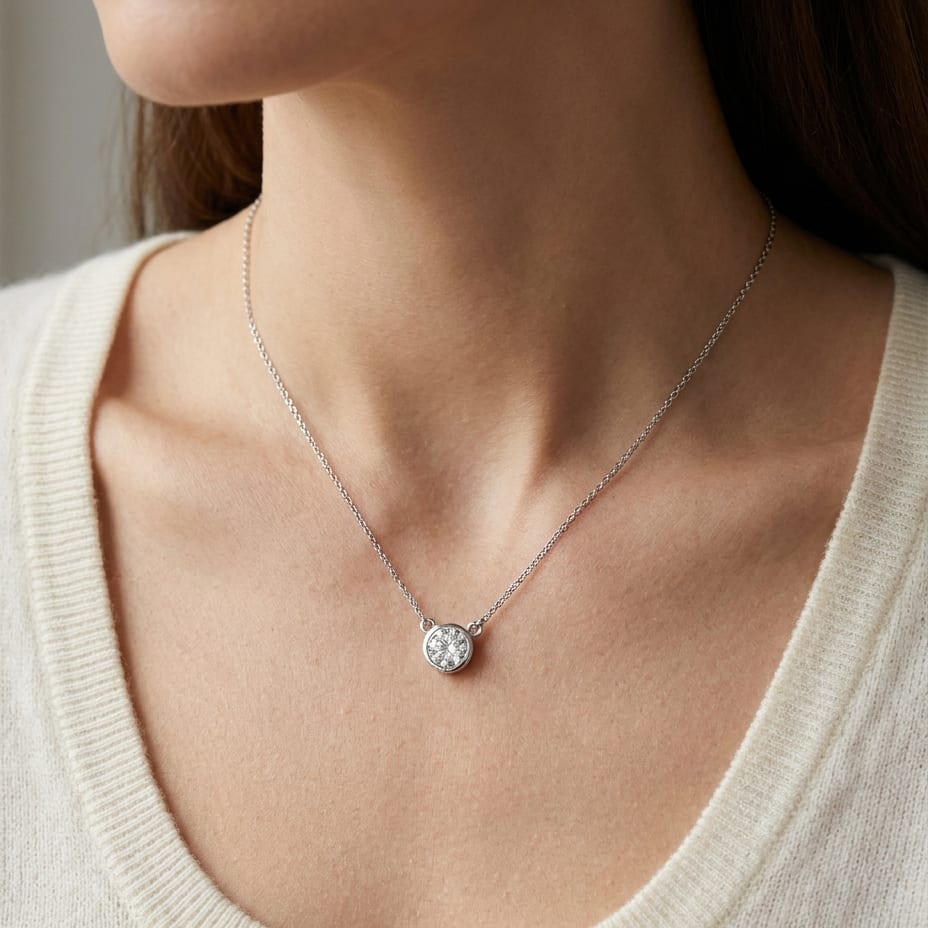 Natural Diamond Round Brilliant Solitaire Pendant in Platinum, 4 ct. t.w., worn close-up portrait