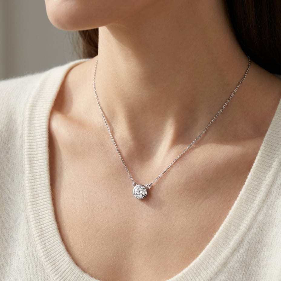 Natural Diamond Round Brilliant Solitaire Pendant in Platinum, 2 ct. t.w., worn close-up portrait