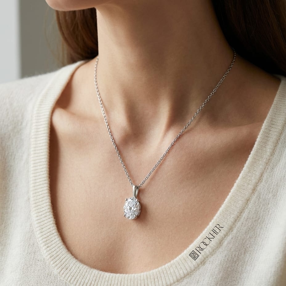 Natural Diamond Oval Solitaire Pendant in Platinum, 4 ct. t.w., worn close-up portrait