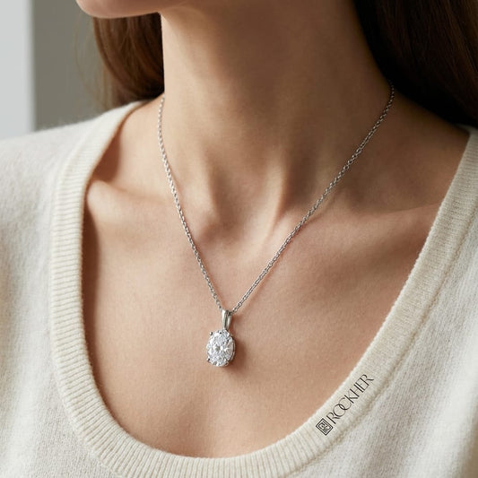 Natural Diamond Oval Solitaire Pendant in Platinum, 4 ct. t.w., worn close-up portrait