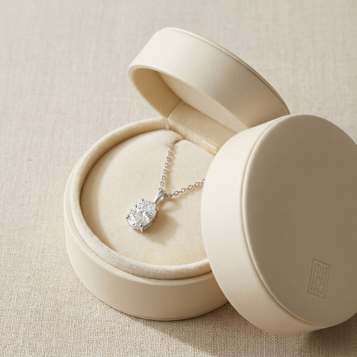 Natural Diamond Oval Solitaire Pendant in Platinum, 4 ct. t.w., in navy velvet jewelry box