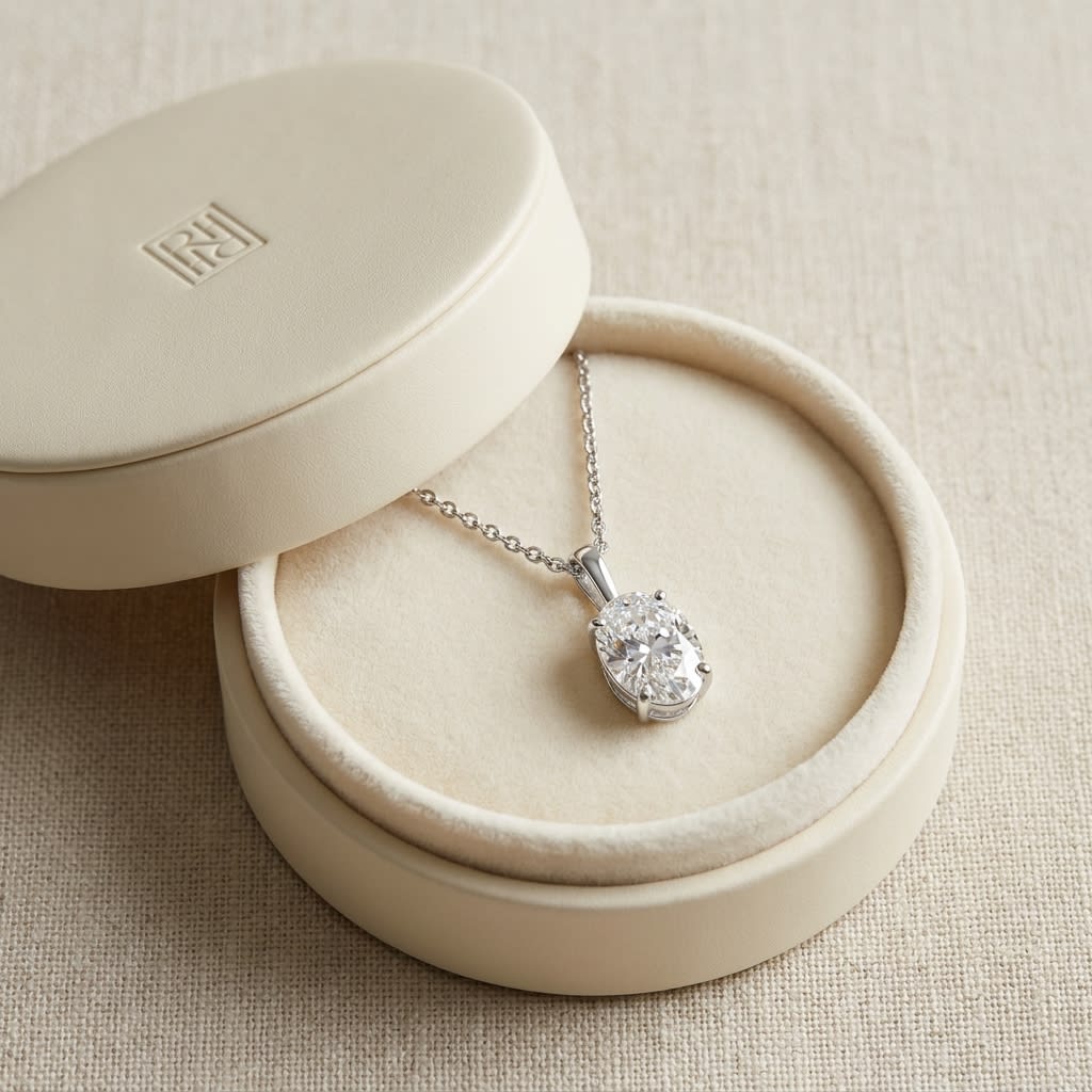 Natural Diamond Oval Solitaire Pendant in Platinum, 4 ct. t.w., in navy velvet jewelry box