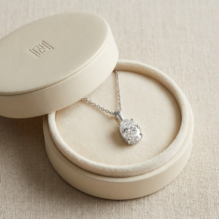 Natural Diamond Oval Solitaire Pendant in Platinum, 4 ct. t.w., in navy velvet jewelry box