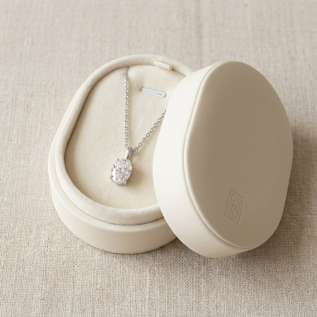 Natural Diamond Oval Solitaire Pendant in Platinum, 2 ct. t.w., in navy velvet jewelry box
