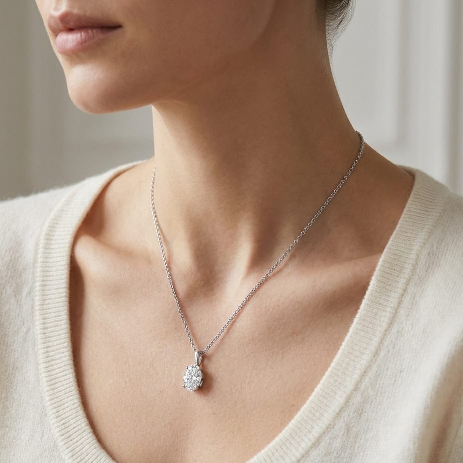Natural Diamond Oval Solitaire Pendant in Platinum, 4 ct. t.w., worn close-up portrait