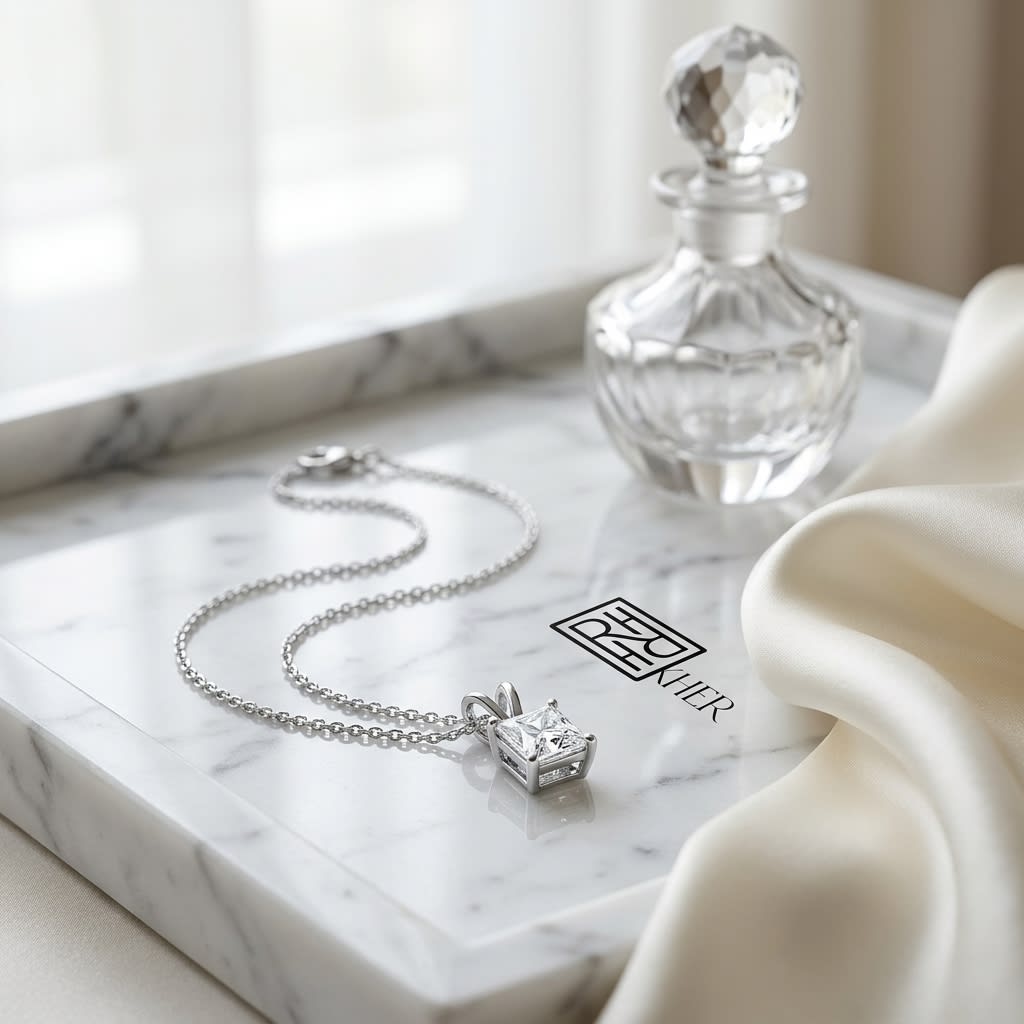 Natural Diamond Princess Cut Solitaire Pendant in Platinum, 4 ct. t.w., on marble vanity tray with silk
