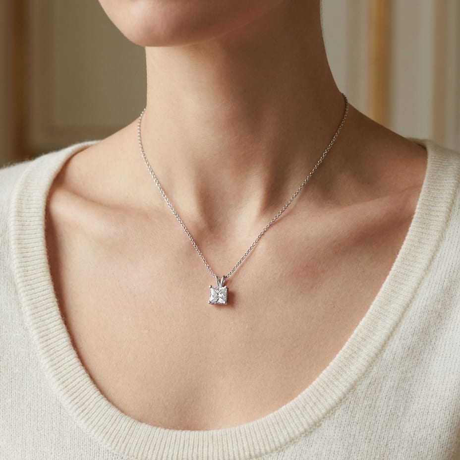 Natural Diamond Princess Cut Solitaire Pendant in Platinum, 4 ct. t.w., worn close-up portrait