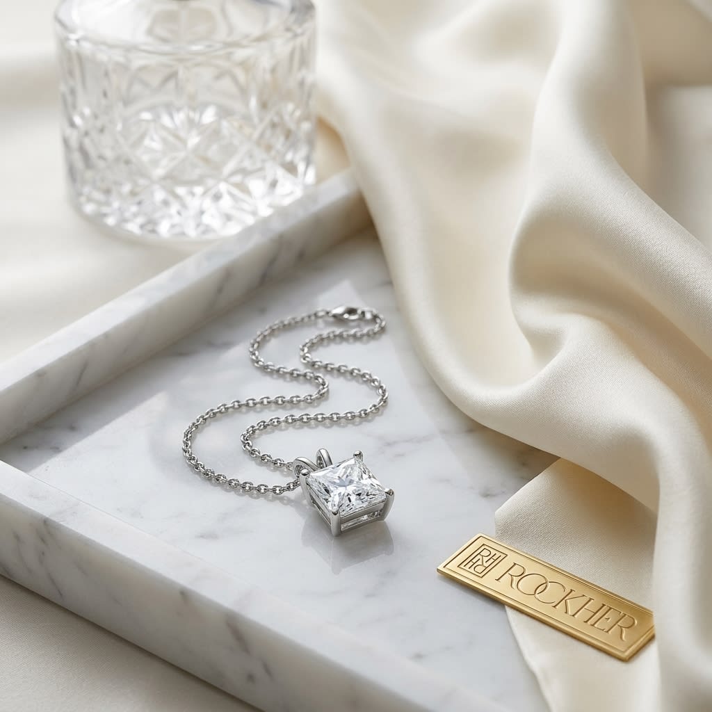 Natural Diamond Princess Cut Solitaire Pendant in Platinum, 4 ct. t.w., on marble vanity tray with silk