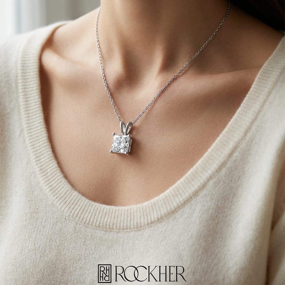 Natural Diamond Princess Cut Solitaire Pendant in Platinum, 4 ct. t.w., worn close-up portrait