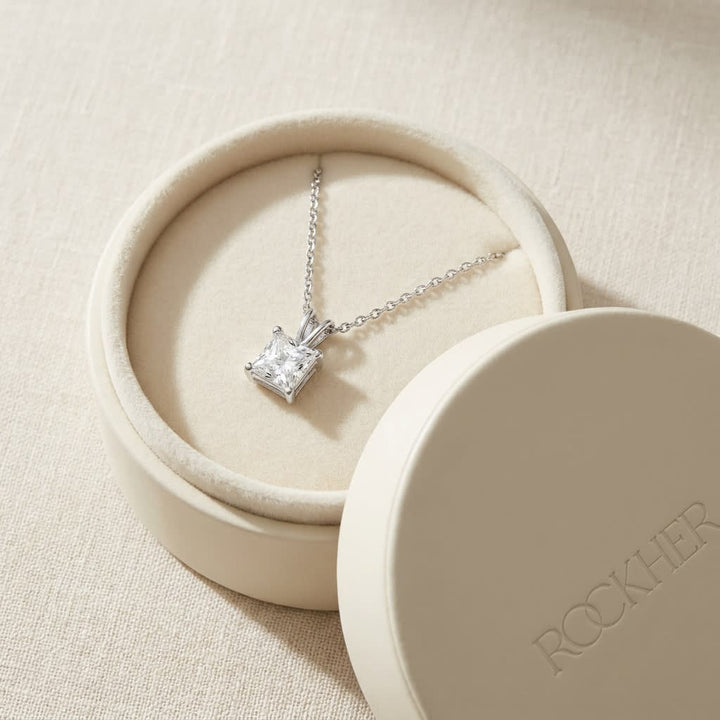 Natural Diamond Princess Cut Solitaire Pendant in Platinum, 4 ct. t.w., in navy velvet jewelry box