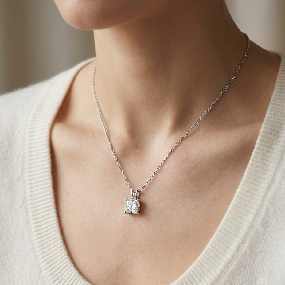 Natural Diamond Princess Cut Solitaire Pendant in Platinum, 2 ct. t.w., worn close-up portrait