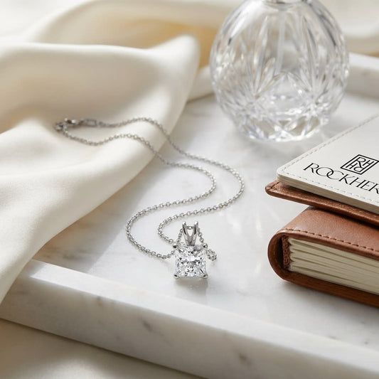 Natural Diamond Princess Cut Solitaire Pendant in Platinum, 2 ct. t.w., on marble vanity tray with silk